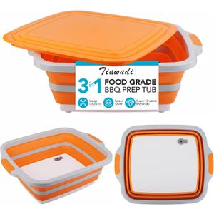 Tiawudi Large Collapsible BBQ Prep Tub with Lid(4.22 Gal/16L), Foldable Camping Sink with Colander, Cutting Board, Dish Basin for Kitchen, Bowl, Vegetable and Fruit, Storage Basket for Picnic, 20"L x 16.3"W