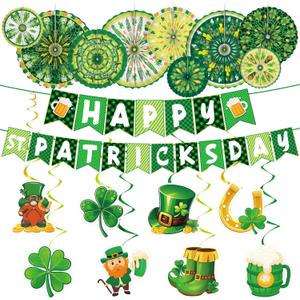 19Pcs St Patricks Day Decorations, Green Lucky Shamrock Happy St. Patricks Day Banners, Hanging Swirls and Paper Fans for Home Office Irish Party Favors Supplies