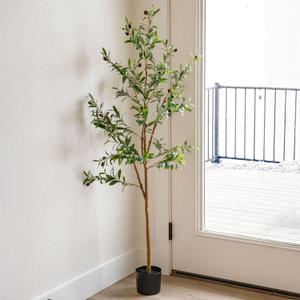 Sunnydaze Fake Olive Tree - 5ft Tall Faux Olive Tree with Pot - Indoor Artificial Plant with Black Weighted Base and Silk Leaves