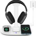 Headphone Stand with 15w Wireless Charger, Suguder 4 in 1 Charging Station Headset Holder for AirPods Max/Pro/4/3/2 iWatch 10/9/8/7/6/5/4/3/2/1/SE iPhone 17/16/15/14/13/12/11/X for Desktop Table Game (White)