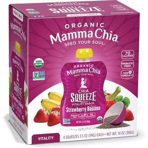 Mamma Chia Organic Vitality Squeeze Snack, Strawberry Banana, 24- 3.05 Ounce Chia Pouches. USDA Organic, Non-GMO, Vegan, Gluten Free, and Kosher. Fruit and Vegetables with only 70 Calories, BB date: 07/01/2026