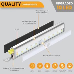 PeakPlus LED Motion Sensor Light, LED Battery Operated Lights, Under Cabinet Lighting, Stick On Lights, 10-LED Magnetic Wireless Motion Sensor Night Light for Closet, Counter, Stairway (2 Pack)