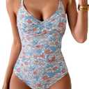B2prity Women's One Piece Swimsuits Tummy Control Front Cross Bathing Suits Tie Back Slimming V Neck Swimwear (Pink Floral)