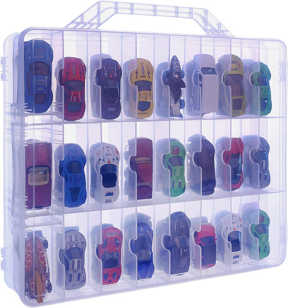 Double Sided Toy Car & Doll Storage Case - 48 Compartments, Portable Transparent Case