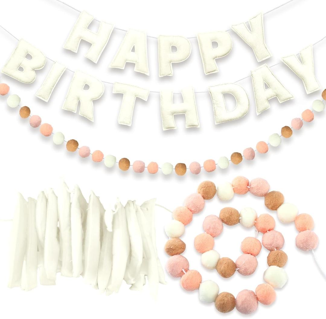 2 Pcs 118 Inch Pre Strung Happy Birthday Felt Banner with Ball Garland Reusable Natural Handmade Letters & Balls for Birthday Sign Decorations Party Decor Photo Prop (Bohemia Color)