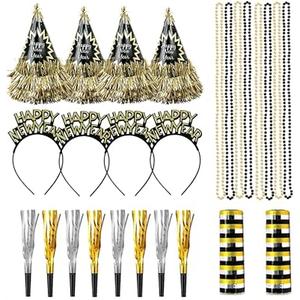 2026 New Year Eve Party Supplies 2026 Happy New Year Decorations Includes New Years Party Hats Beaded Necklace Headband Noise Maker Ribbon