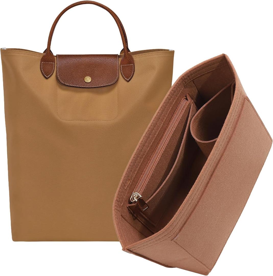 Purse Organizer Insert for Longchamp Le Pliage M Top Handle Tote Bag, Lighweight Premium Felt Long Champ Medium Tote Divider with Cup Holder,Bags Storage Shaper with 7 Deepened Pockets,M/Gold-brown