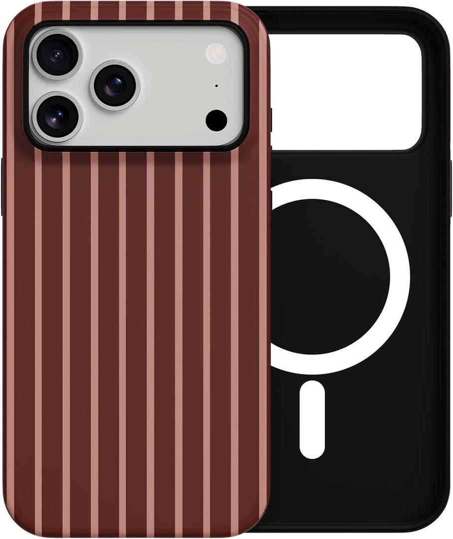 Skyseaco for iPhone 17 Pro Case with Magsafe Cute Striped Phone Case, Shockproof Slim Soft TPU and Hard PC Double Layer Protective Cover for Women, Burgundy