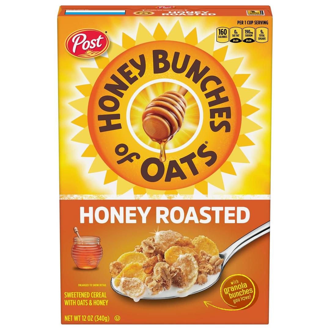 Honey Bunches of Oats Honey Roasted Breakfast Cereal with Oats and Granola Clusters, Low Fat made with Whole Grain Cereal, 12 oz Box (EXP 03/17/27)
