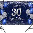 7x5ft Happy 30th Birthday Backdrop Blue Silver Balloon Flag Photography Background Glitter Dots Ribbon Men Women 30 Years Old Birthdays Party Banner Decorations Portrait Photo Booth Prop