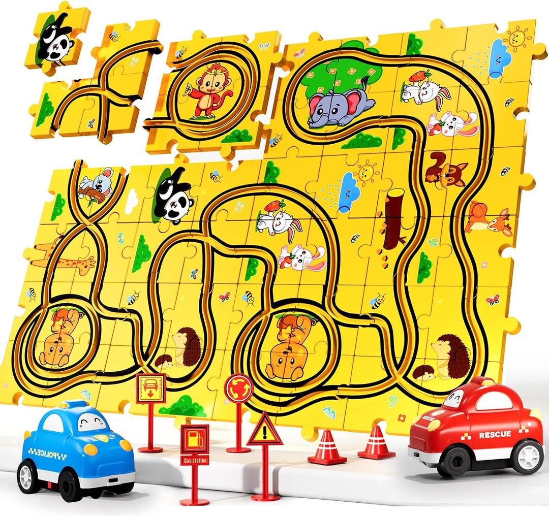 Bennol Puzzle Tracks Car Toys Gifts for 3 4 5 Year Old Boys, 48PCS Puzzle Racer Cars Play Set for Kids Ages 3-5 4-6, Toys Gifts for 3 4 5 Year Old Boys, Puzzle Racer Kids Car Track Set