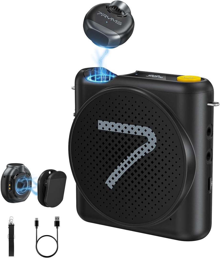 7RYMS WA2 Wireless Voice Amplifier for Teacher, Elderly with Magnetic Lavalier Mic, Personal Classroom Amplifier-Noise Canceling, 23H Working, 164ft Range, Mini Pa System for Teaching Tour Guide Yoga (Black)