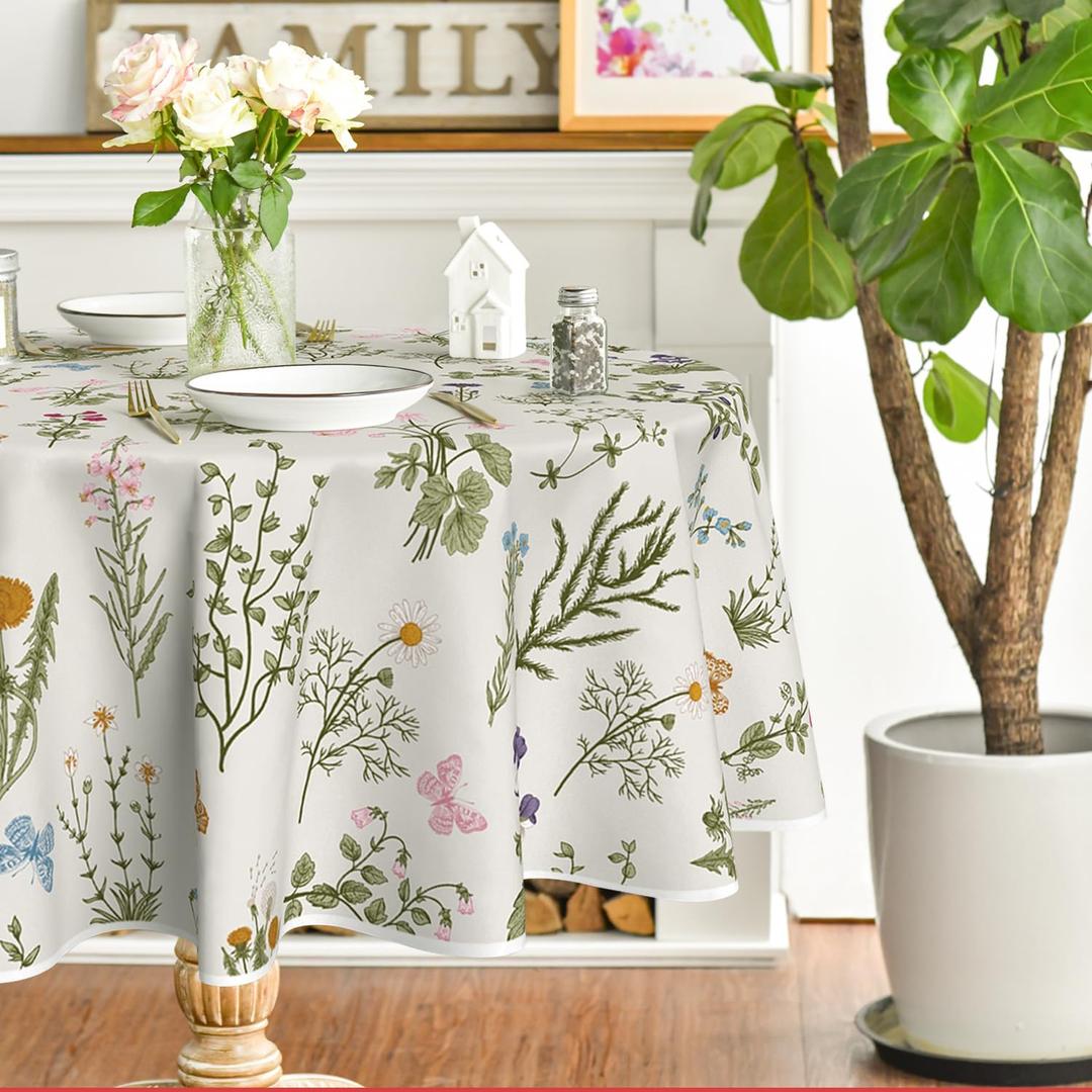 Horaldaily Spring Tablecloth 70×70 Inch Round, Watercolor Wildflowers Floral Herbs Washable Table Cover for Party Picnic Dinner Decor 