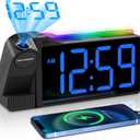Peakeep Projection Alarm Clock for Bedroom Ceiling 180 Rotatable, Loud for Heavy Sleepers, Colorful Nightlight, 5 Brightness Dimmable Large Number Bedside Electric LED Digital Clock with USB Port (Blue Digits; Blue Projection)