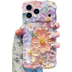 UEEBAI Flower Case for iPhone 17 Pro Max Case, Colorful Retro Oil Painting Girly Phone Cover Pretty Glossy Pattern Wave Cover Cute Sparkly Floral Curly Shell for Women and Girl, Pink Purple