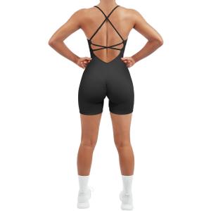 SUUKSESS Women Strappy Romper Seamless Jumpsuit Tummy Control Padded Sports Bra (Medium, 11 Black)