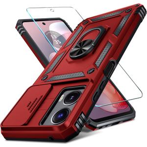 Janmitta Compatible with Moto G Power 5G 2024 Case Built in Slide Camera Lens Cover+Screen Protector+Finger Ring Holder Kickstand,Heavy Duty Shockproof Full Body Protective Phone Cover,Red