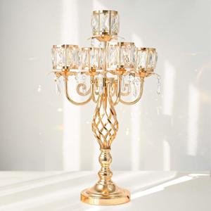 23.2 inch Tall Elegant and Chic 5 Arm Pendant Crystal Candlestick Holder Table Decoration tealight Candle Holder, Candelabra for Gorgeous Wedding/Parties Table Centerpiece (1, Gold)