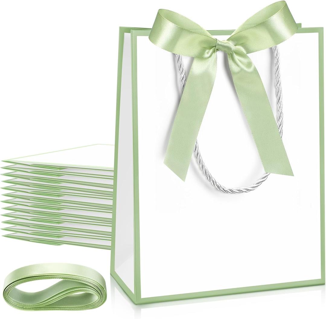 Silkfly 12 Pcs Wedding Paper Gift Bags with Handle 9x7x3.15'' Thank You Gifts Bags with Ribbon Bow Bridal Shower Gifts for Baby Shower Graduation Holiday Birthday Party Supplies (White,Sage Green)
