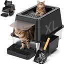 Stainless Steel Litter Box with Lid, XL Closed Metal Litter Box Modular Design with Flip Lid Fits All Cats, Extra Large Covered High Sided Cat Box, Scoop, Non-Sticky, Easy Cleaning (Black)