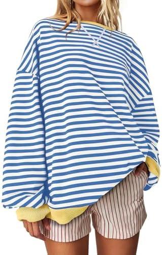 UEU Women Oversized Striped Crewneck Sweatshirt Long Sleeve Color Block Pullover Tops Casual Loose Workout Shirt, M