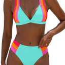 popvil High Waisted Bikini Sets for Women Color Block Two Piece Neon Swimsuits Crisscross Back Bathing Suit 2026, Large