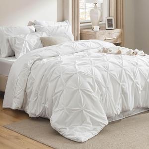 Bedsure Queen Comforter Set White - Bed in a Bag Queen Size 7 Pieces, GentleSoft Pintuck Bed Set Gift for Family, Pinch Pleat White Comforter with Sheets, Pillowcases & Shams
