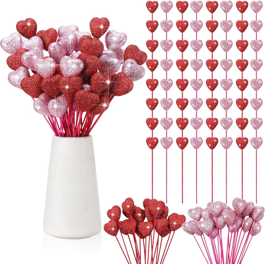 Crowye 60 Pcs Valentine Glittered Puffy Heart Picks Foam Heart Picks Glitter Sticks for Flower Arrangements Floral Bouquet Crafts Decorations, Red and Pink