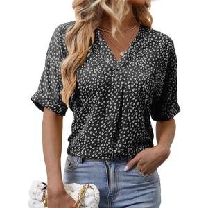 Short Sleeve Blouses for Women Leopard Print Summer Top Dressy Casual Business 3/4 Sleeve Cold Shoulder Chiffon Shirts (Black, S)