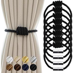 Magnetic Curtain Tiebacks - Decorative Tie Backs for Drapes, 8 Pack Rope Holders, Black