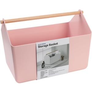 BLUE GINKGO Large Storage Basket  Plastic Caddy with Wooden Handle for Bathroom, Pantry, or Cleaning Supplies (Pink)
