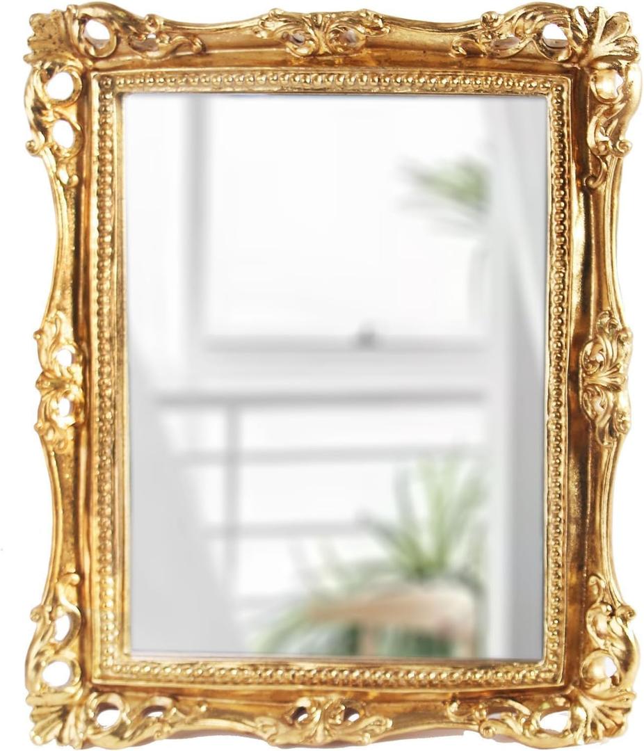 Feyarl Vintage Makeup Mirror Decorative Resin Tabletop Vanity Mirror Stand Dresser Wall Mounted Mirror for Bathroom Bedroom Desktop Wedding Home Decor (10.8 x 9.4 Inch) (Gold)