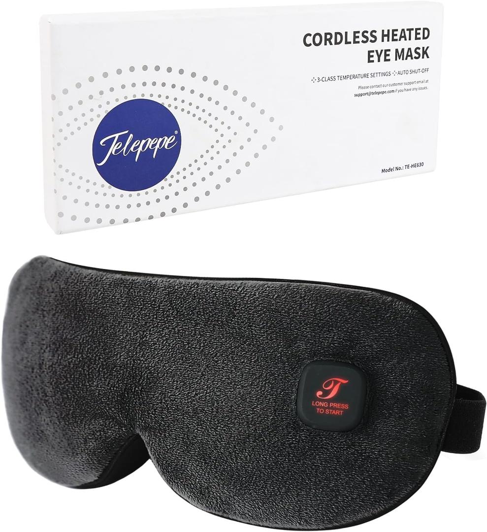 Heated Eye Mask, Cordless Warm Eye Compress for Dry Eyes Blepharitis, Light Blocking Heat Eye Mask for Men Women, 1000mAh Rechargeable Battery and Washable Cover (Black)