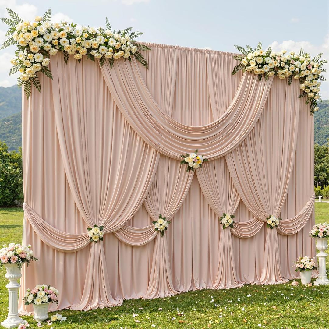 10ftx12ft Wrinkle Free Nude Backdrop Curtain, 8 Panels 12FT Long Wedding Photo Backdrop Drapes, Silky Polyester Back Drop Cloth for Birthday Photography Background Party Backdrop Draping