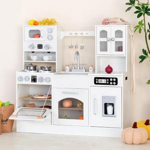 Wooden Play Kitchen for Kids with Realistic Lights and Sounds, Large Toddlers Interactive Kitchen Playset with Ice Maker, Stove, Sink, Oven, and 12 Accessories, Pretend Play Kitchen Set for Ages 3-8