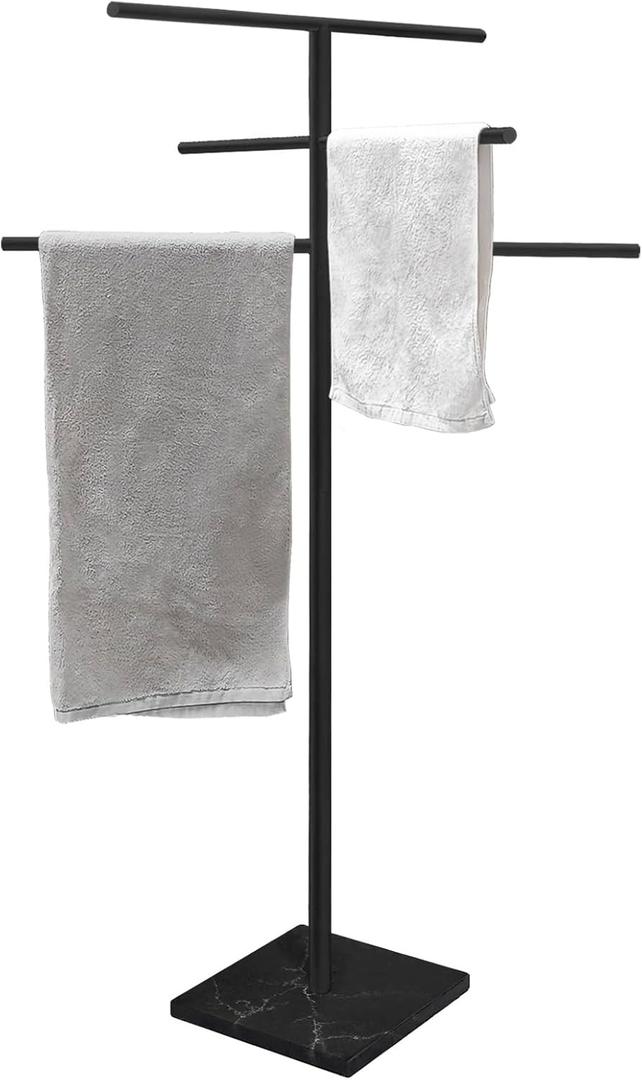 Marble Base Outdoor Standing Towel Rack for Swimming Pool, Hot Tub Or Spa, 304 Stainless Steel 6 Arms Standing Towel Sheet Holder Blanket Drying Rack Matte Black