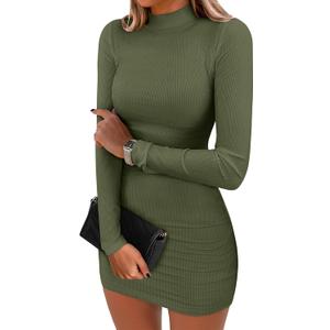 ANRABESS Women Long Sleeve Mock Neck Bodycon Mini Dress 2025 Fall Ribbed Slim Fit Pencil Cocktail Club Night Dresses (X-Small, Army Green)