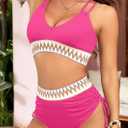 Herseas Women High Waisted Bikini Sets Swimsuits Color Block 2 Piece Drawstring V Neck 2025 Beach Bathing Swim Suit (Pink, S)