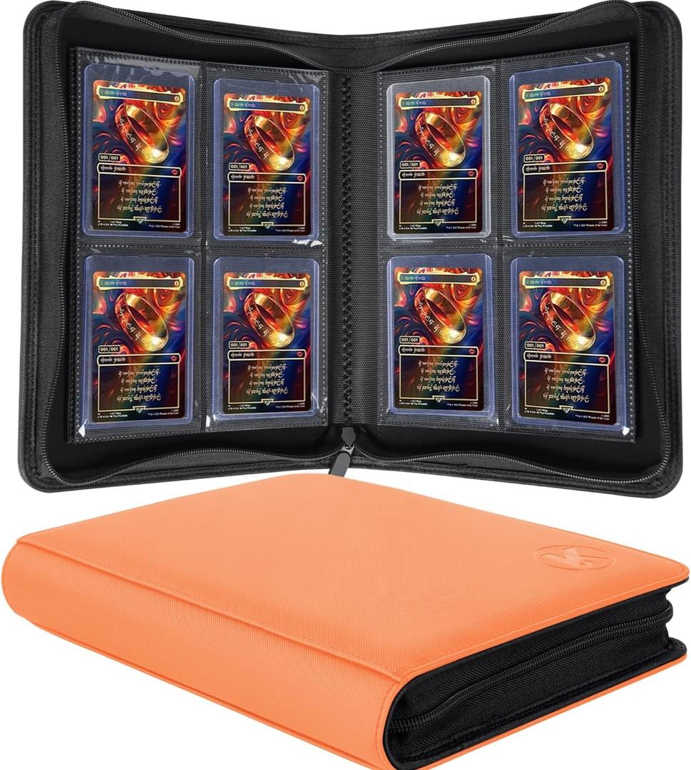 Toploader Binder, Holds 128+ Toploaders, 4 Pocket Top Loader Card Storage Case, Double-Sided Pockets for trading card in 3 x 4'' ToploadersOragne, Small