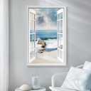 Framed Window Beach Scene Wall Art, Nature Blue Coastal Seascape Vertical Canvas Painting Prints, Relaxing Landscape Picture Artworks for Living Room Dining Room Hallway Office Wall Decor, 24x36 Inch