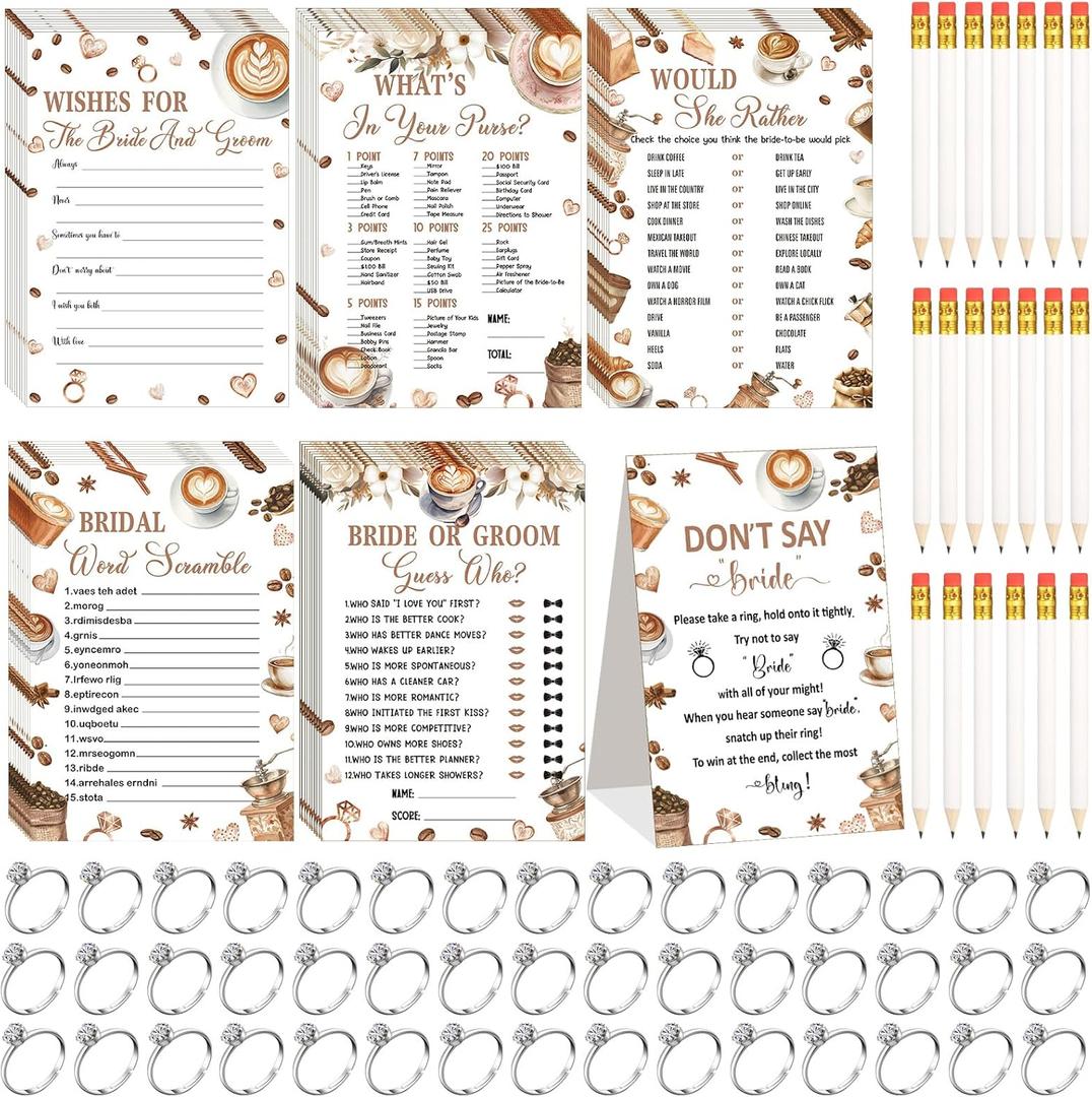 Estune 331 Pcs Bridal Shower Games Supplies, 5 Sets 250 Pcs Wedding Cards 1 Bridal Shower Games with 60 Rings and 20 Pencils(Love is Brewing)
