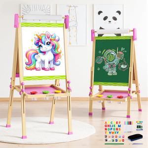Easel for Kids,Adjustable Wooden Kids Art Easel with Paper Roll,Double-Sided Magnetic Toddler Easels,Dry Erase Whiteboard and Chalk Board,Toys for 3 4 5 6 7 8 9 10 Year Old Girl Boy Gift (Green)