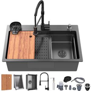 29.5 x 17.7 inch Kitchen Sink, Single Bowl Stainless Steel Multifunctional Drop In Sink Workstation Sink with Pull-Down Faucet and Multiple Accessories (Black Grey)