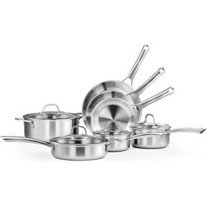 ROVSUN 11-Pcs Stainless Steel Cookware Set, Tri-Ply Pots and Pans Set, Non-Toxic Kitchen Set, PFOA & PTFE Free, Full Clad Frying Pans, Saucepans, Saute Pan & Stock Pot, Compatible for All Cooktops