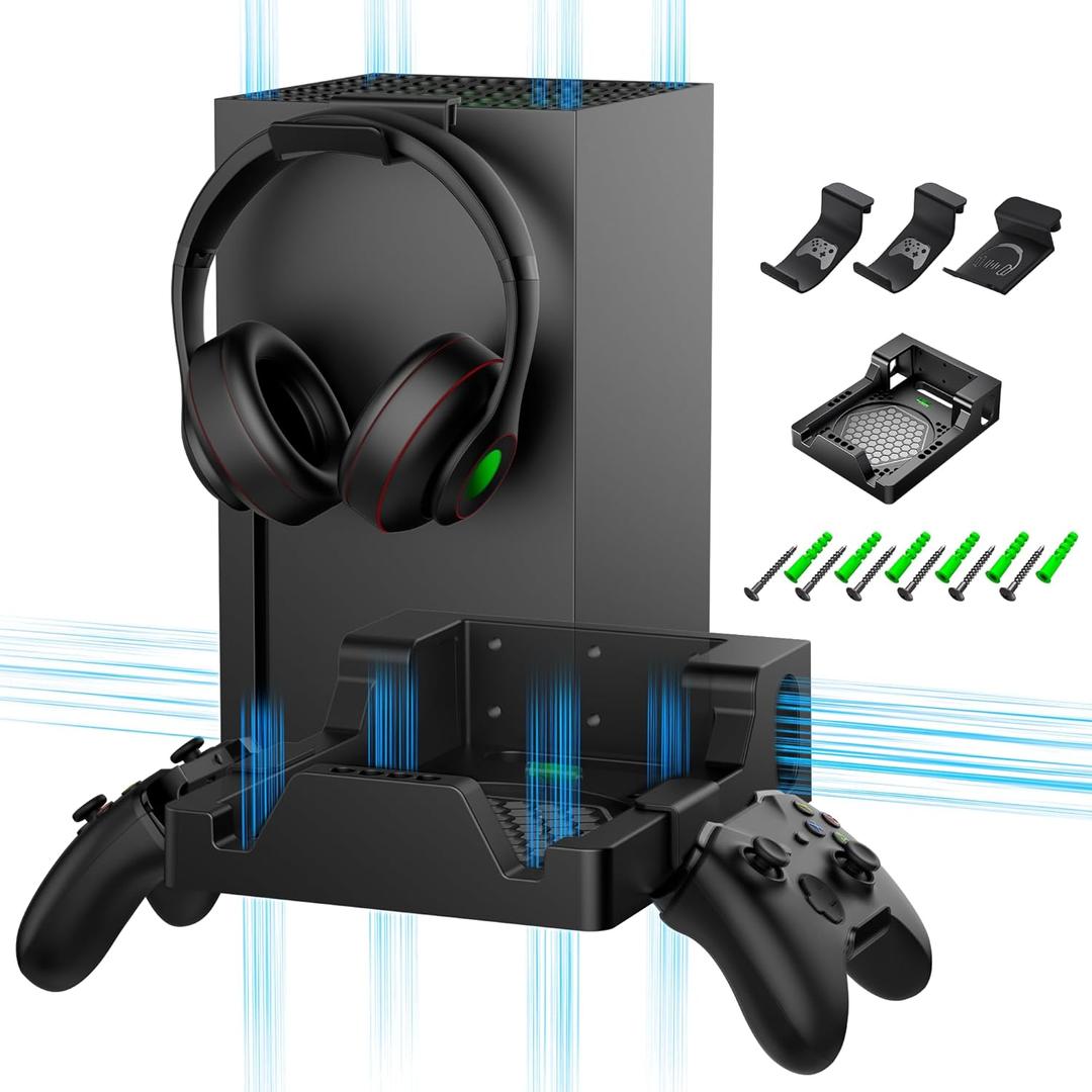 Wall Mount for Xbox Series X - Sturdy Wall Shelf Kit with 2 Controller Holders & 1 Headset Hook, Space Saving, Dual Ventilation Design, Easy Installation, Securely Mount Xbox Console Near or Behind TV