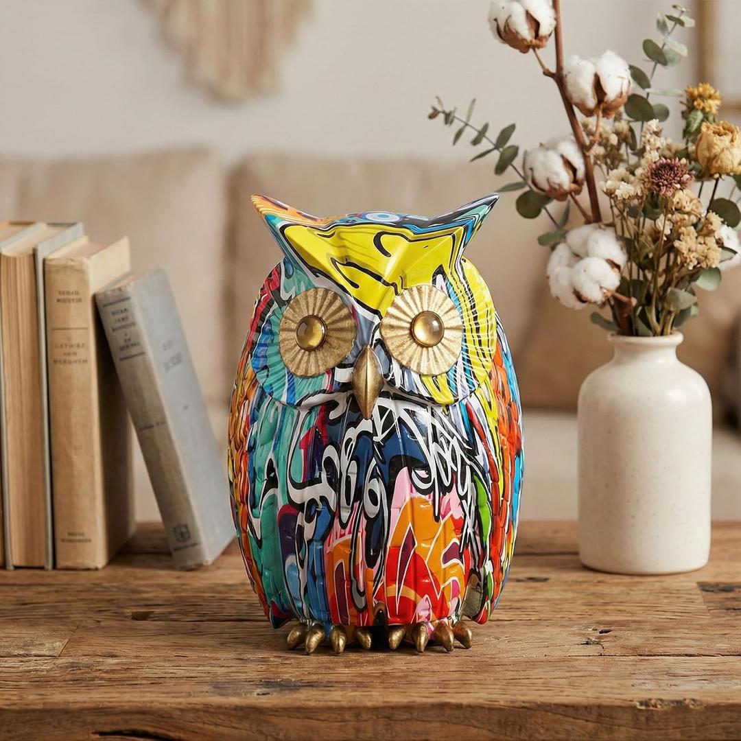 Owl Decor Colorful Graffiti Owl Figurine Resin Modern Art Sculpture, Collectible Owl Statue Home Decor for Living Room Bookshelf Office Desktop, Unique Gift for Owl Lovers