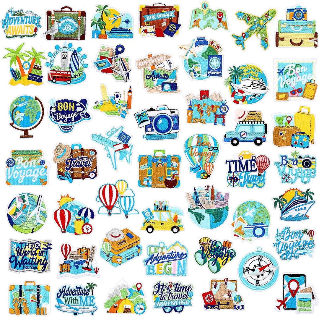 Yuxung 48 Pcs Travel Themed Iron on Patches World Trip Ticket Iron on Sew on Patch, Small Embroidered Applique Repair Patch DIY Craft Accessories for Clothes Jacket Jeans Dress