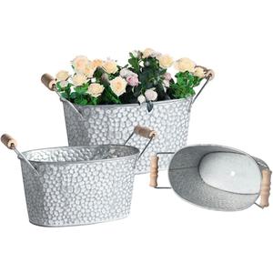 Galvanized Metal Oval Planter Buckets with Handles  Set of 3 Rustic Farmhouse Flower Tubs with Drain Holes & Plugs, Vintage Small Pots for Herbs, Succulents, Wedding or Tabletop Decor (Stone style)
