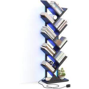9 Tier Tree Bookshelf with LED Light, Floor Standing Bookcase, Narrow Bookshelves for Books/CDs/Magazine, Wood Storage Rack for Bedroom, Home Office, Living Room, Black