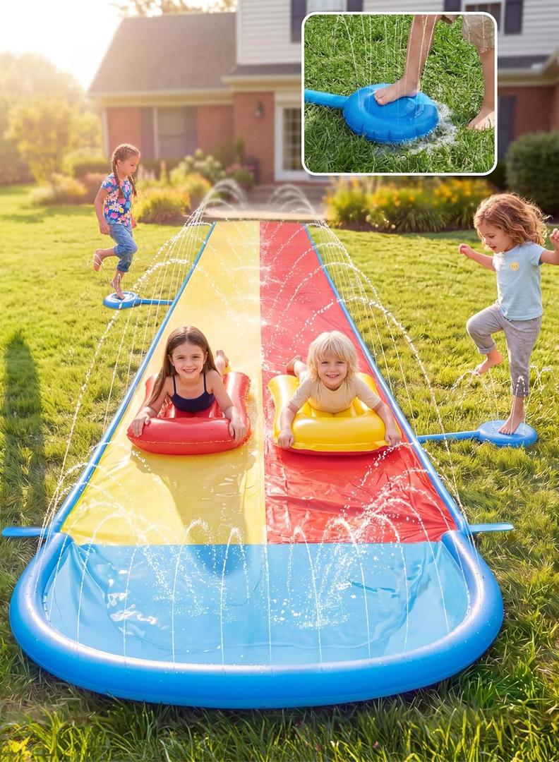Sloosh 22.5FT Lawn Water Slide with Water Stomp, Slip Waterslide with 2 Bodyboards Summer Toy with Build in Sprinkler for Backyard Outdoor Fun for Kids